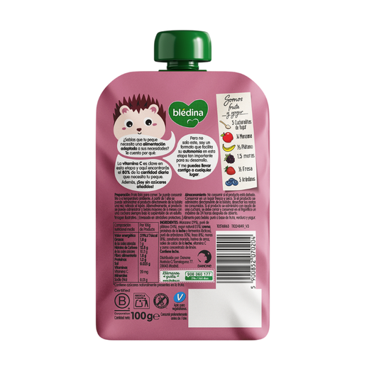 Blédina Yogur Frutos Rojos, Manzana y Plátano 100 g – Bolsita infantil