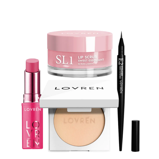 Lovrén Pack Iluminador: Balsamo Labial Color Boost + Eyeliner + Exfoliante Labial + Iluminador